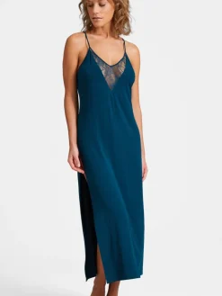 Edle Nachthemden|Alle Negligés^Aubade Langes Negligé LAZY DAYS von mit Modal und Seide smaragdgrün und schwarz