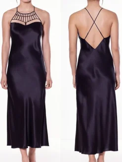 Alle Negligés|Seidenneglige^Luna di Seta Langes Seidennegligé ICONIC PIPING schwarz von schwarz mit hautfarbenem Tüll