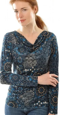 Shirts Mit Seide|Langarm^Alkena LAST PIECE 100% Bio Seide WASSERFALL SHIRT bedruckt von Größe L safirblau schwarz bedruckt