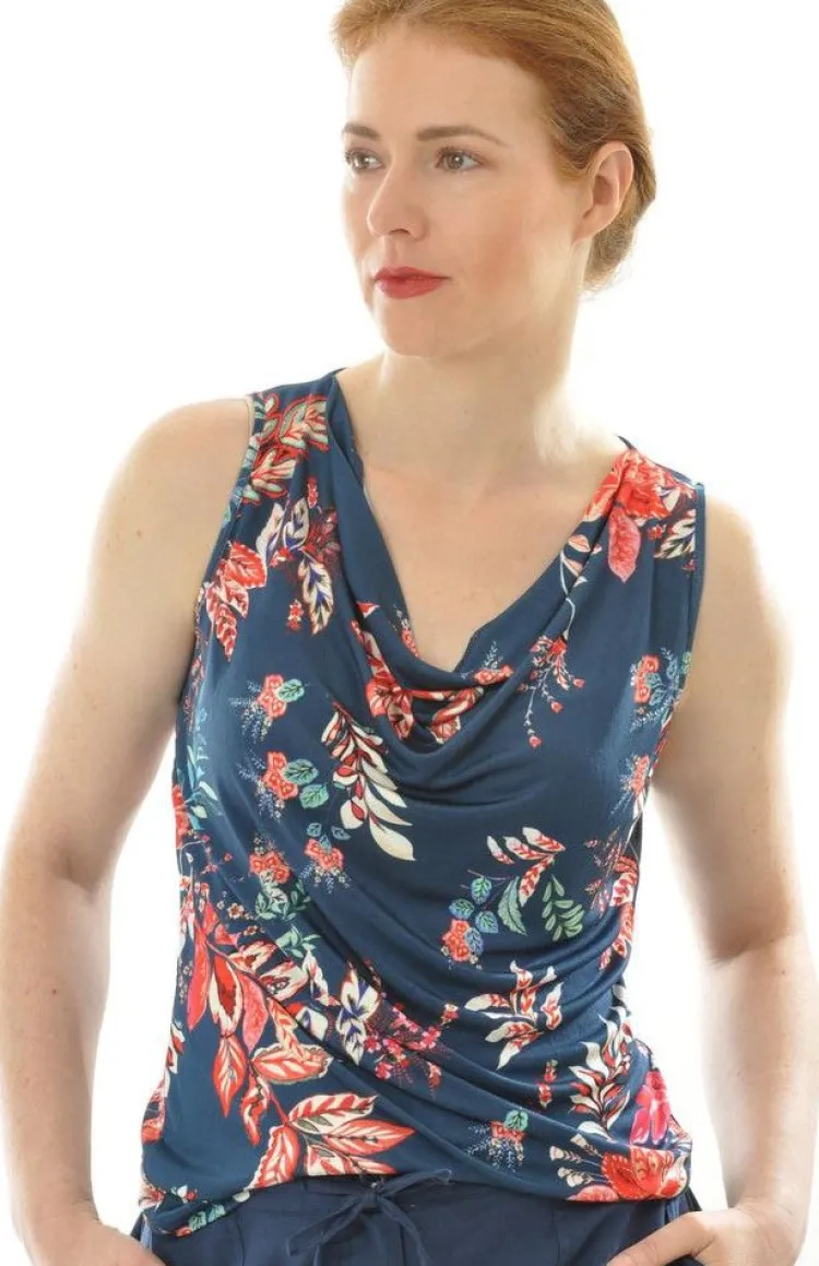 Shirts Mit Seide|Mit Jersey & Wirkseide^Alkena LAST PIECE 100% Bio-Seide WASSERFALL TOP dunkelblau Interlock von Größe M floraler Druck auf dunkelblau