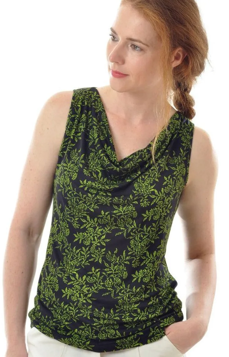 Shirts Mit Seide|Mit Jersey & Wirkseide^Alkena LAST PIECE 100% Bio-Seide WASSERFALL TOP schwarz-grün Interlock von Größe XL Blätter Druck auf schwarz