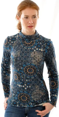 Shirts Mit Seide|Mit Rollkragen^Alkena LAST PIECE 100% Bouretteseide ROLLKRAGEN SHIRT mit Print von Größe XL Mandala Print in blau und grau