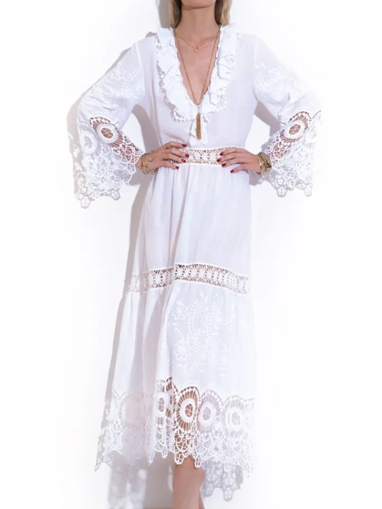 Strandkleider & Sommerkleider|Freizeit- & Reisekleidung^Chiara Fiorini LAST PIECE Langes Sommerkleid mit Stickerei BIANCO von Größe 34 Stickerei in weiß auf weißem Grund