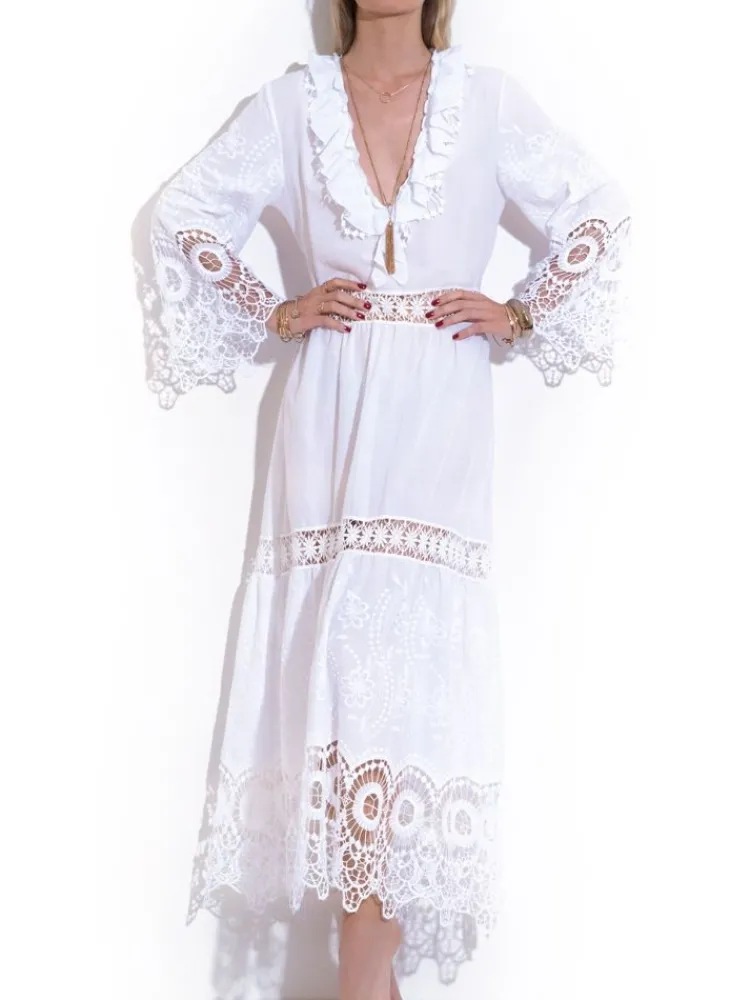 Strandkleider & Sommerkleider|Freizeit- & Reisekleidung^Chiara Fiorini LAST PIECE Langes Sommerkleid mit Stickerei BIANCO von Größe 34 Stickerei in weiß auf weißem Grund