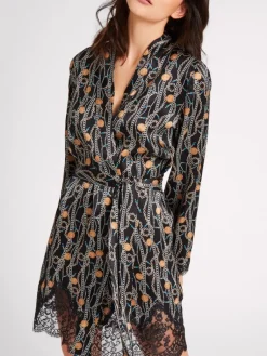 Morgenmantel Kurz|Morgenmantel Aus Satin^Aubade LAST PIECE Seide Kimono TOI MON AMOUR mit Print von schwarz Größe L