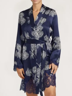 Morgenmantel Kurz|Morgenmantel Aus Satin^Aubade LAST PIECE Seide Kimono TOI MON AMOUR mit Print von schwarz Größe L