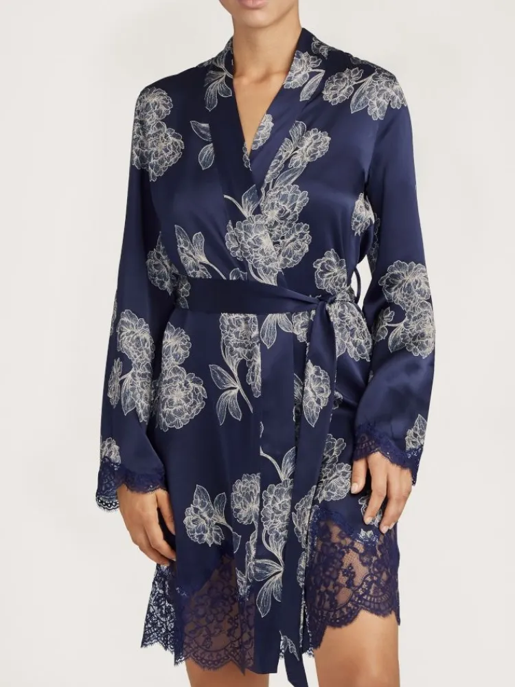 Morgenmantel Kurz|Morgenmantel Aus Satin^Aubade LAST PIECE Seide Kimono TOI MON AMOUR mit Print von schwarz Größe L