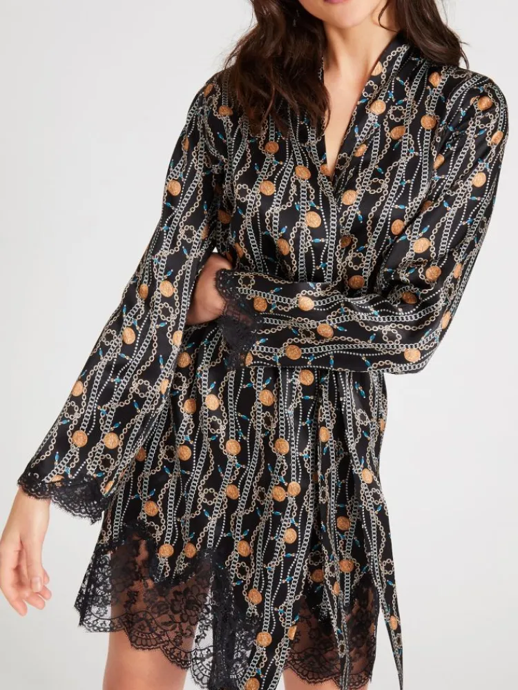 Morgenmantel Kurz|Morgenmantel Aus Satin^Aubade LAST PIECE Seide Kimono TOI MON AMOUR mit Print von schwarz Größe L