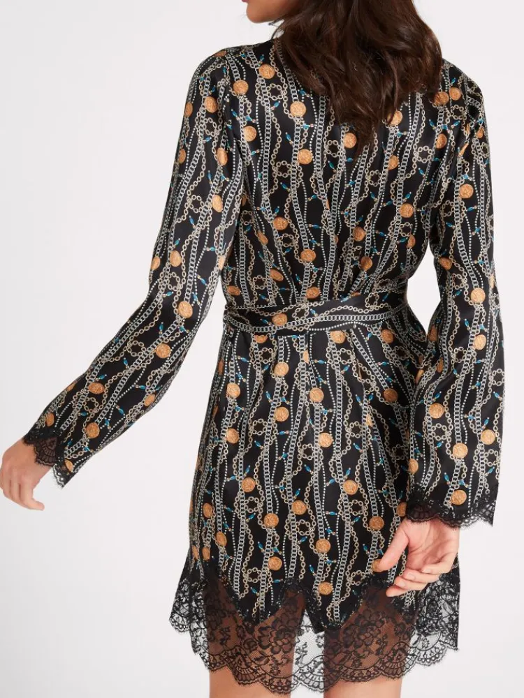 Morgenmantel Kurz|Morgenmantel Aus Satin^Aubade LAST PIECE Seide Kimono TOI MON AMOUR mit Print von schwarz Größe L
