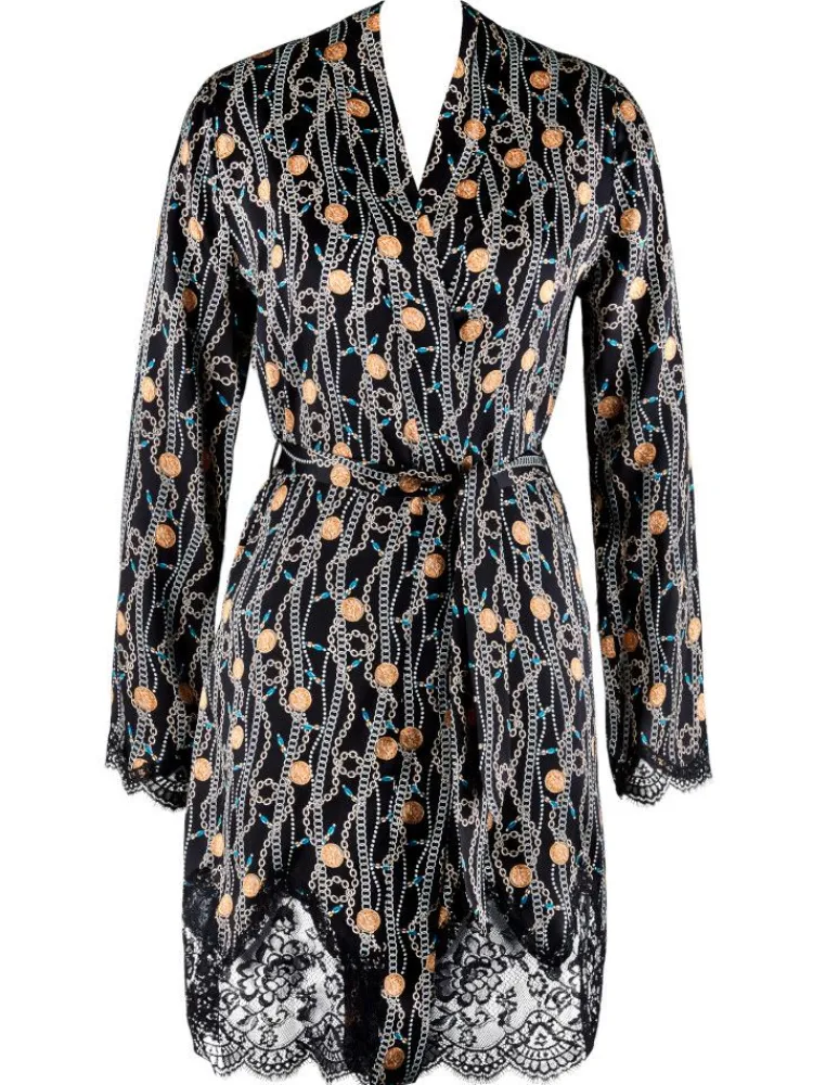 Morgenmantel Kurz|Morgenmantel Aus Satin^Aubade LAST PIECE Seide Kimono TOI MON AMOUR mit Print von schwarz Größe L