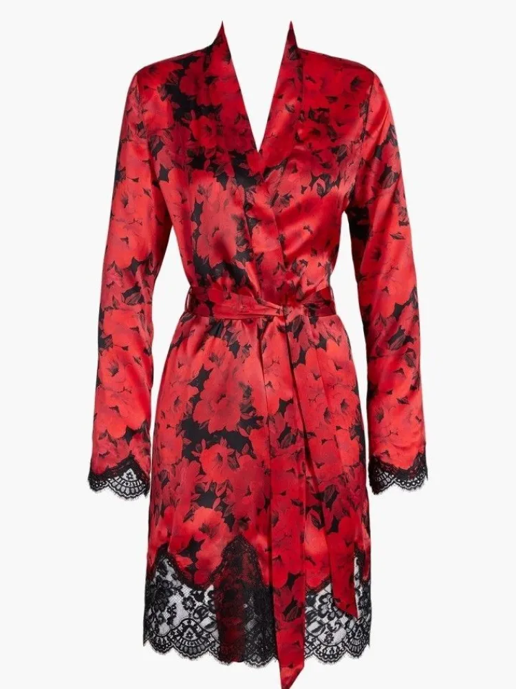 Morgenmantel Kurz|Morgenmantel Aus Satin^Aubade LAST PIECE Seide Kimono TOI MON AMOUR mit Print von schwarz Größe L