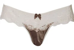 Alle Strings|Alle Unterteile^Sally Jones LAST PIECE String CHARLOTTE braun-creme M von mit Seide kühles espresso-braun mit elfenbein-farbener Spitze