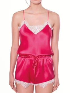 Mit Seidensatin|Tops Mit Seide^Luna di Seta LAST PIECE Teddy ELEGANT LACE Seide von pink Größe L himbeer-rot mit weißer Spitze