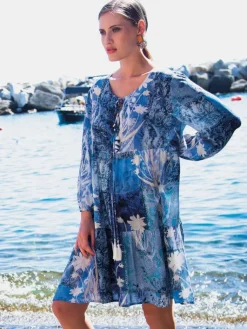 Strandkleider & Sommerkleider|Kaftan, Tunika & Pareo^Chiara Fiorini LAST PIECE Viscose Tunika AVIO blau-weiß von Größe 40 blau mit creme