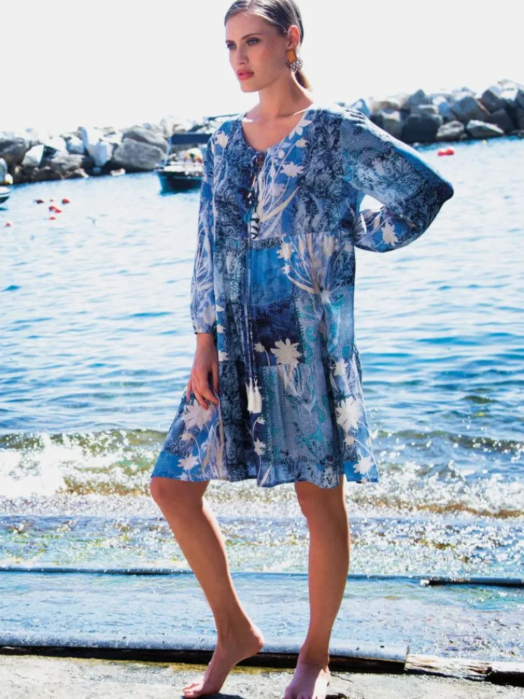Strandkleider & Sommerkleider|Kaftan, Tunika & Pareo^Chiara Fiorini LAST PIECE Viscose Tunika AVIO blau-weiß von Größe 40 blau mit creme