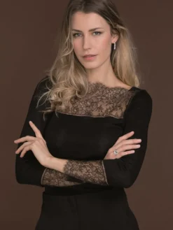 Shirt Mit Spitze|Wolle-Seide Shirts^Artimaglia LAST SIZE Merinowolle Seide U-BOOT SHIRT von Größe 38/40 schwarz