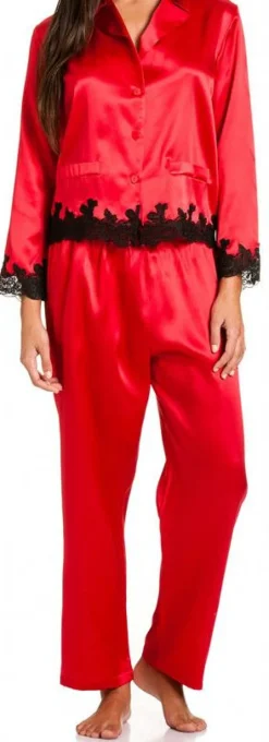 Seidenpyjama^Gattina LAST SIZE Seide Schlafanzug SAKHALI mit Spitze rot Größe 38 von rot oder schwarz mit schwarzer Spitze