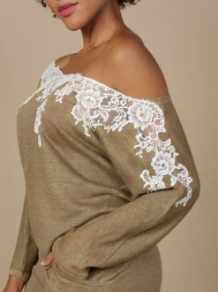 Strickpullover^Marjolaine Leinen Pullover GLORIA No. 2 Spitze von stahlgrau oder bronze mit Spitze