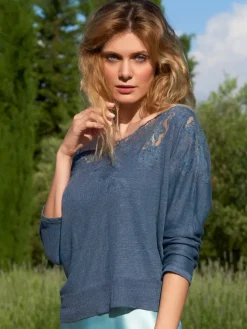 Strickpullover^Marjolaine Leinen Pullover GLORIA No. 2 Spitze von stahlgrau oder bronze mit Spitze