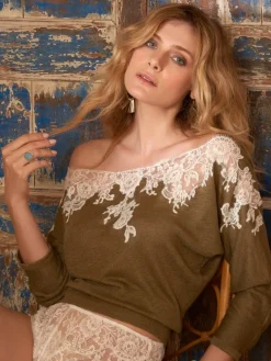 Strickpullover^Marjolaine Leinen Pullover GLORIA No. 2 mit Spitze von stahlgrau oder bronze mit Spitze