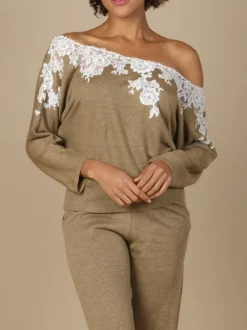 Strickpullover^Marjolaine Leinen Pullover GLORIA No. 2 mit Spitze von stahlgrau oder bronze mit Spitze