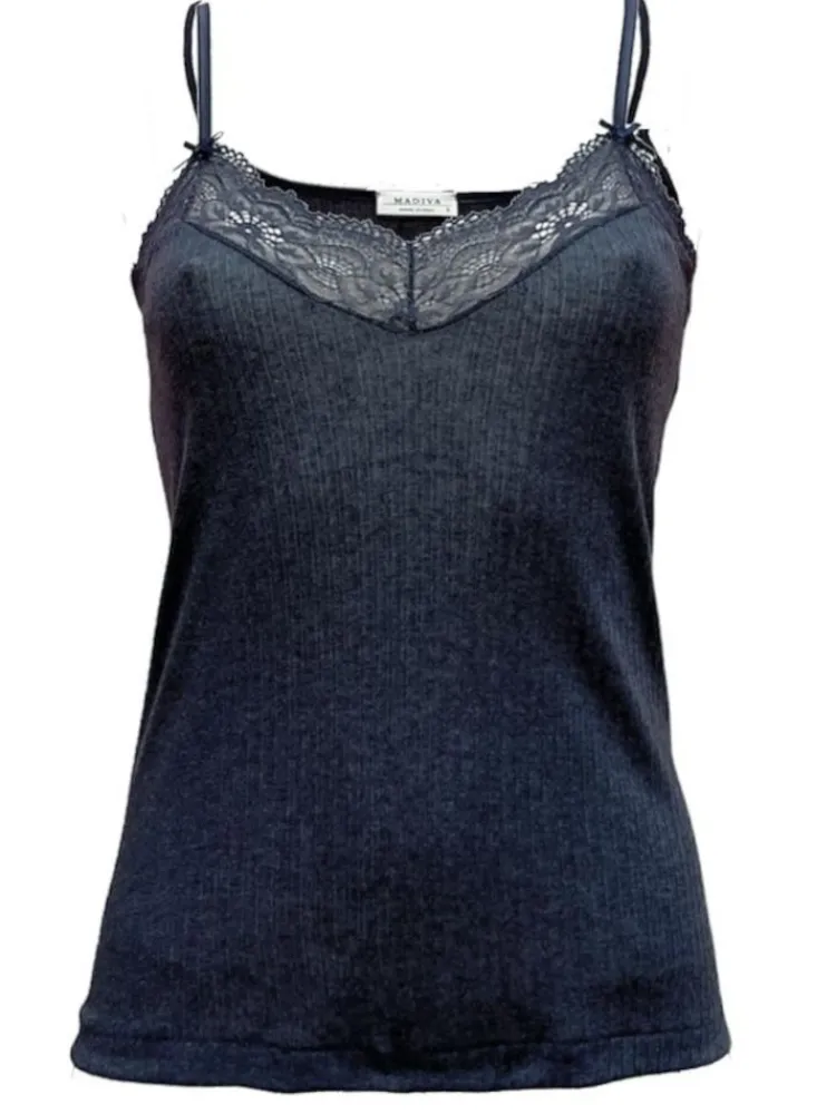 Tops Mit Spitze|Spaghettiträger Tops^Madiva Lyocell Trägertop Emma S/S mit Spitze von blau oder hellgrau