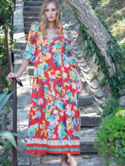 Strandkleider & Sommerkleider|Kaftan, Tunika & Pareo^Chiara Fiorini Maxi Sommerkleid lang PAPILLON No. 1 von Schmetterlinge Muster auf rotem oder schwarzem Grund