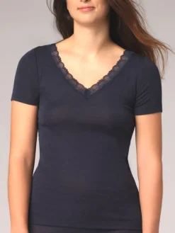 Wolle-Seide Tops|Tops Mit Spitze^comazo | earth Merino Seide T-SHIRT 2703 mit Spitze comazo|earth camel beige oder dunkelblau