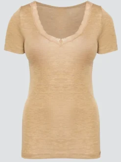 Wolle-Seide Tops|Tops Mit Spitze^comazo | earth Merino Seide T-SHIRT 2703 mit Spitze comazo|earth camel beige oder dunkelblau