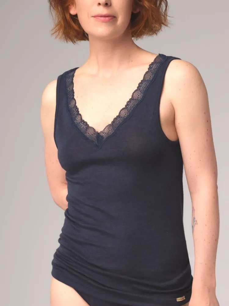 Wolle-Seide Tops|Tops Mit Spitze^comazo | earth Merino Seide Unterhemd 2703 mit Spitze comazo|earth camel beige oder dunkelblau