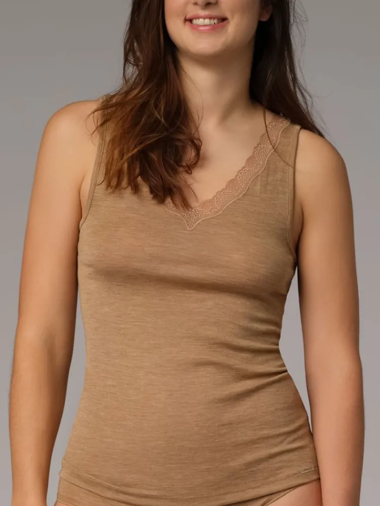 Wolle-Seide Tops|Tops Mit Spitze^comazo | earth Merino Seide Unterhemd 2703 mit Spitze comazo|earth camel beige oder dunkelblau