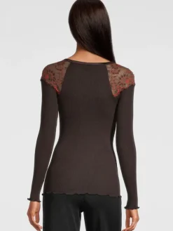 Shirt Mit Spitze|Wolle-Seide Shirts^Oscalito Merino Wolle-Seide LANGARMSHIRT gerippt mokka Calais Spitze von mokka braun mit rostrot