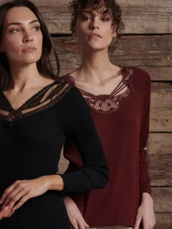 Shirt Mit Spitze|Wolle-Seide Shirts^Oscalito Merino Wolle-Seide LANGARMSHIRT bordeaux mit Makramee Spitze von bordeaux rot