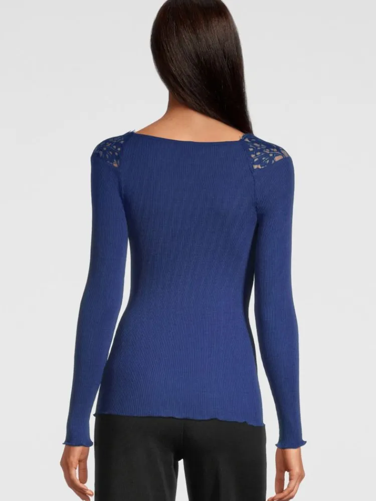 Shirt Mit Spitze|Wolle-Seide Shirts^Oscalito Merino Wolle-Seide LANGARMSHIRT gerippt blau Leavers Spitze von royalblau bluette