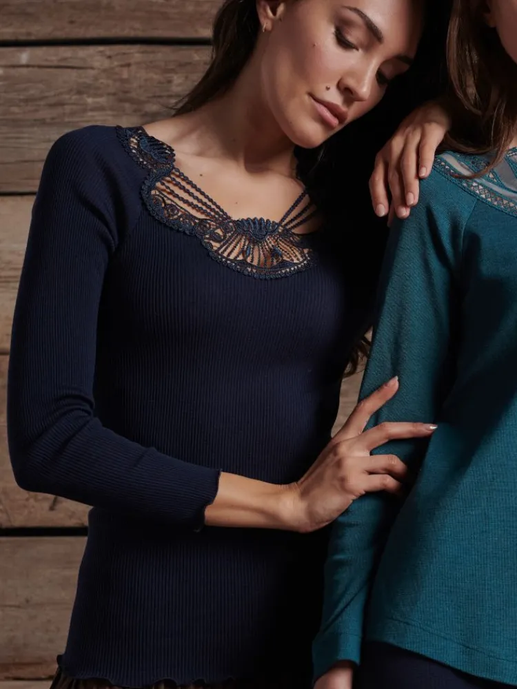 Shirt Mit Spitze|Wolle-Seide Shirts^Oscalito Merino Wolle-Seide LANGARMSHIRT gerippt mit Makramee Spitze von dunkelblau blu marine