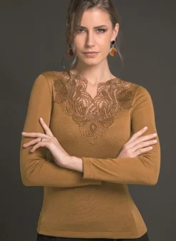 Shirt Mit Spitze|Wolle-Seide Shirts^Artimaglia Merinowolle Seide LANGARM SHIRT cognac-beige mit Makramee Spitze von cognac braun oder schwarz