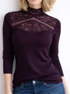 Shirt Mit Spitze|Wolle-Seide Shirts^Artimaglia Merinowolle Seide LANGARM SHIRT Stehkragen von in lila oder tannengrün