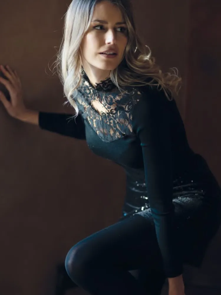 Shirt Mit Spitze|Wolle-Seide Shirts^Artimaglia Merinowolle Seide STEHKRAGEN SHIRT Calais Spitze von schwarz