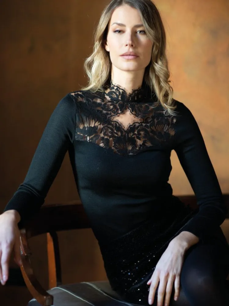 Shirt Mit Spitze|Wolle-Seide Shirts^Artimaglia Merinowolle Seide STEHKRAGEN SHIRT Calais Spitze von schwarz