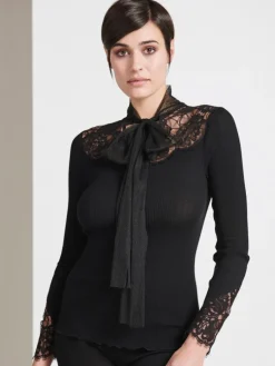 Shirt Mit Spitze|Wolle-Seide Shirts^Oscalito Merinowolle-Seide KRAGEN-SHIRT gerippt von schwarz