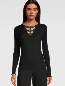 Shirt Mit Spitze|Wolle-Seide Shirts^Oscalito Merinowolle-Seide LANGARM SHIRT gerippt schwarz von schwarz mit silber Glitzer