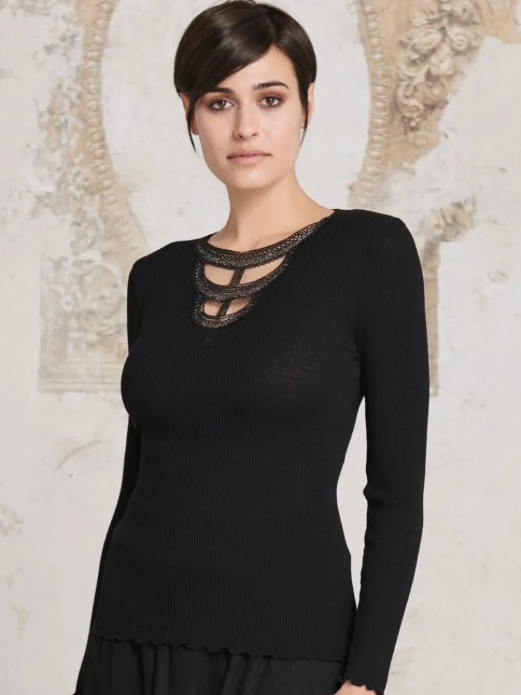 Shirt Mit Spitze|Wolle-Seide Shirts^Oscalito Merinowolle-Seide LANGARM SHIRT gerippt schwarz von schwarz mit silber Glitzer