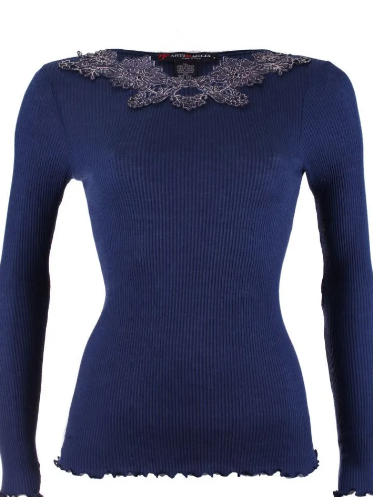 Shirt Mit Spitze|Wolle-Seide Shirts^Artimaglia Merinowolle-Seide LANGARM SHIRT gerippt von blau oder rot