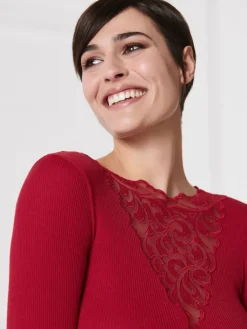 Shirt Mit Spitze|Wolle-Seide Shirts^Oscalito Merinowolle-Seide LANGARM SHIRT gerippt von rot