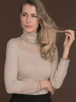 Shirt Mit Spitze|Wolle-Seide Shirts^Artimaglia Merinowolle-Seide ROLLKRAGEN SHIRT gerippt von schwarz oder beige