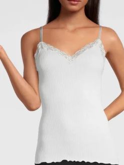 Wolle-Seide Tops|Tops Mit Spitze^Oscalito Merinowolle-Seide Spaghettiträger Unterhemd gerippt mit Calais Spitze von