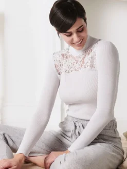 Shirt Mit Spitze|Wolle-Seide Shirts^Oscalito Merinowolle-Seide TURTLENECK SHIRT Leavers Spitze von silber