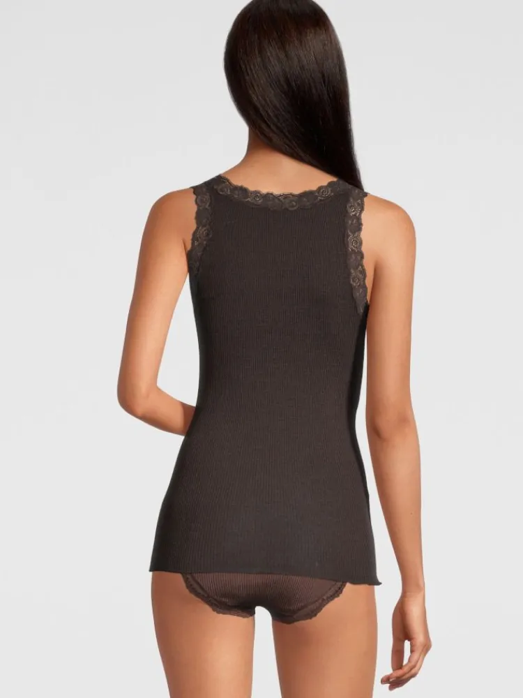 Wolle-Seide Tops|Tops Mit Spitze^Oscalito Merinowolle-Seide Unterhemd gerippt mit Calais Spitze von