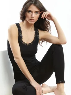 Wolle-Seide Tops|Tops Mit Spitze^Oscalito Merinowolle-Seide Unterhemd gerippt mit Calais Spitze Basic von