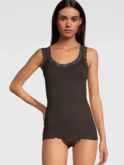 Wolle-Seide Tops|Tops Mit Spitze^Oscalito Merinowolle-Seide Unterhemd gerippt mit Calais Spitze Basic von